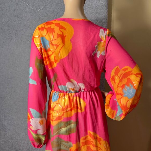 Womens Maxi Dress XXL‎ Bright Pink Floral Tropical Print Long-Sleeve Maxi - Picture 7 of 9